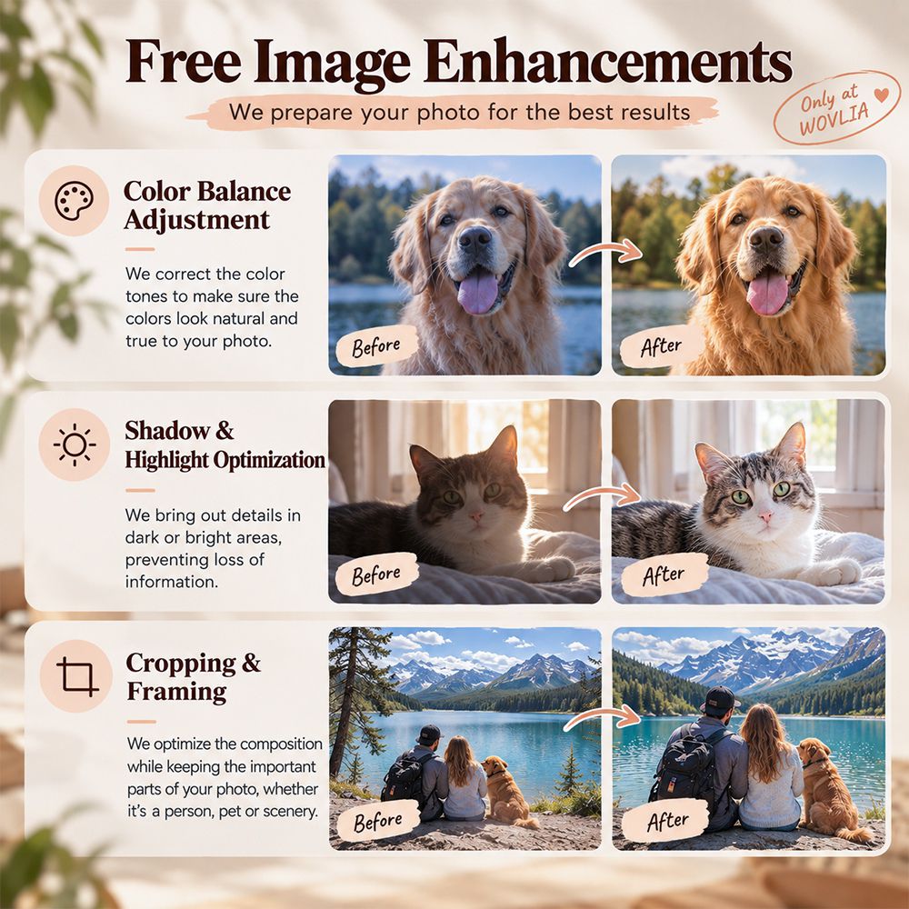 Free image enhancements for custom diamond painting photos including color balance, lighting and cropping