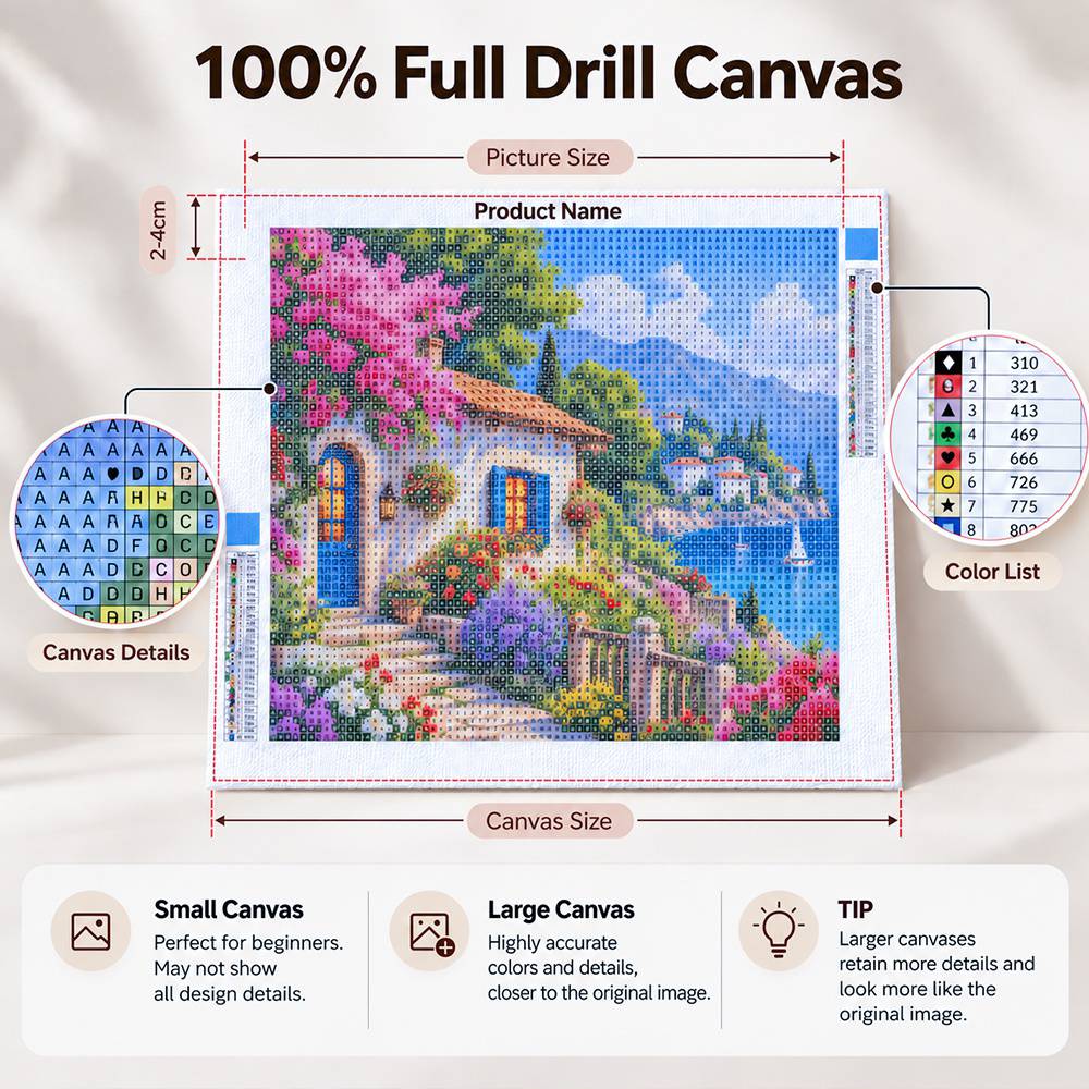 100 percent full drill custom diamond painting canvas with size guide and color list details