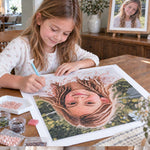 Child working on a custom diamond painting canvas with tools and drills on the table