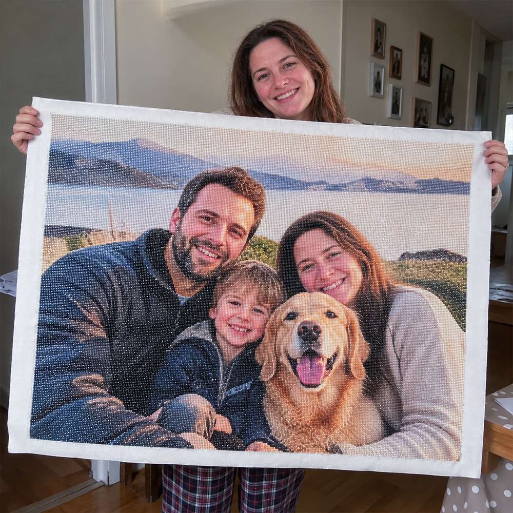 Customer holding a large custom diamond painting canvas made from a family photo with their dog