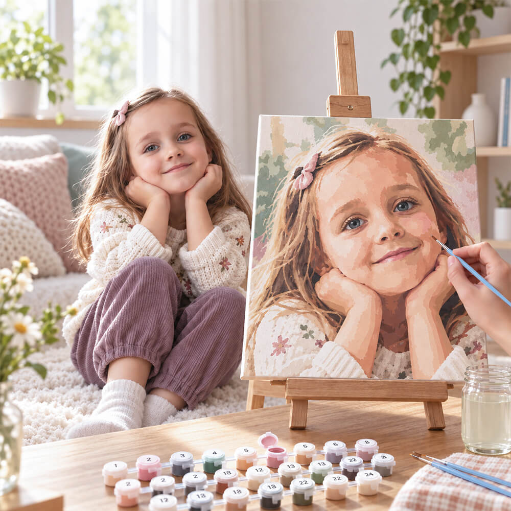 Custom child portrait paint by numbers artwork created from a personal photo