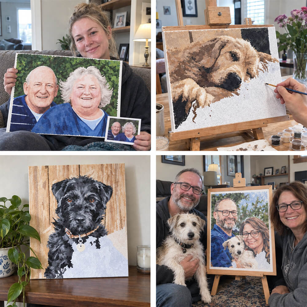 Examples of custom paint by numbers portraits and pet artworks