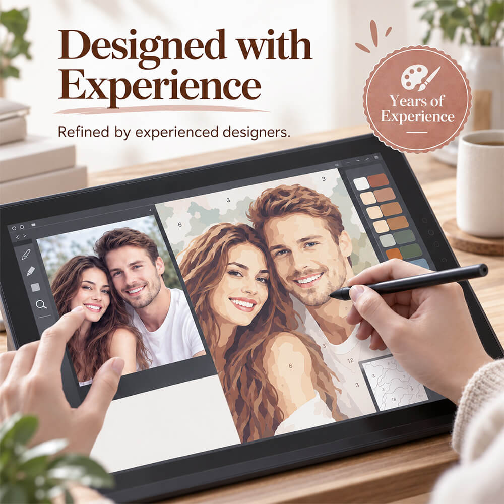 Experienced designers refining a custom paint by numbers design from a photo