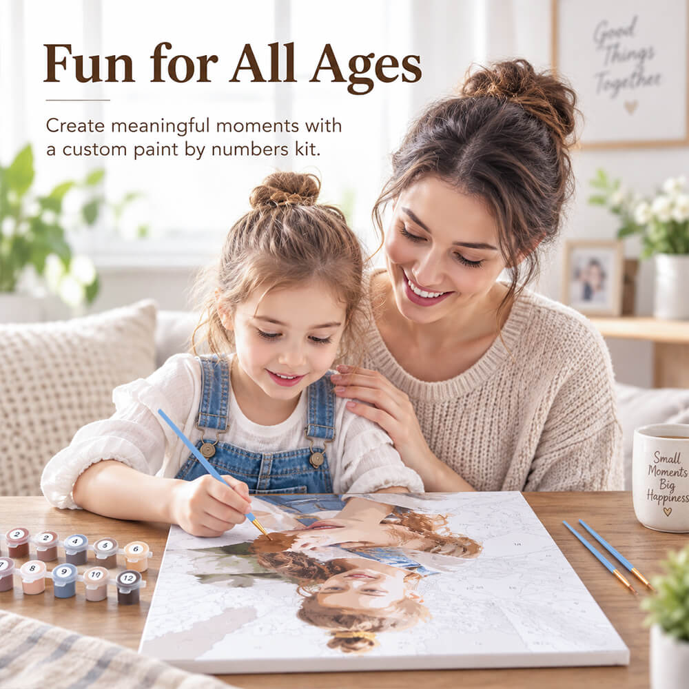 Mother and child enjoying a custom paint by numbers project together