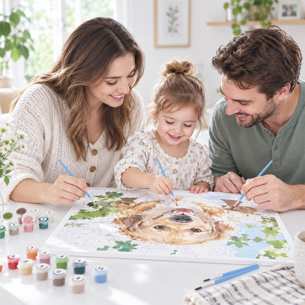 Family painting a custom dog paint by numbers canvas together