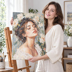Woman displaying a finished custom paint by numbers portrait