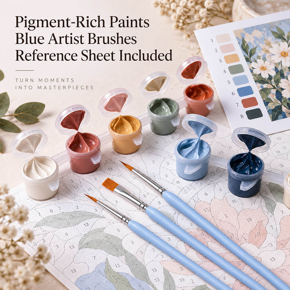 Pigment-rich paints, blue artist brushes, and reference sheet included in the custom paint by numbers kit