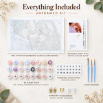 Unframed custom paint by numbers kit with numbered canvas, paints, brushes and accessories