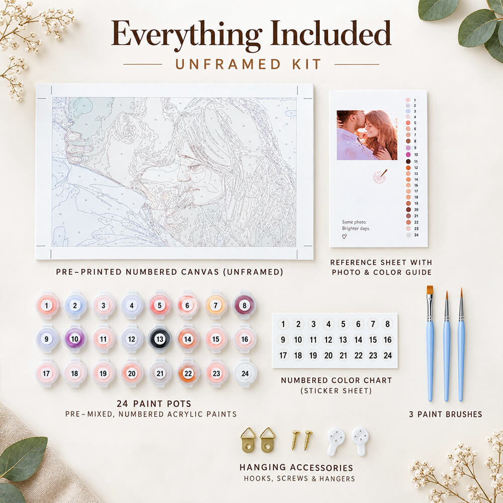 Unframed custom paint by numbers kit with numbered canvas, paints, brushes and accessories