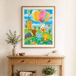 Finished cute animal picnic cross stitch artwork displayed as home decor
