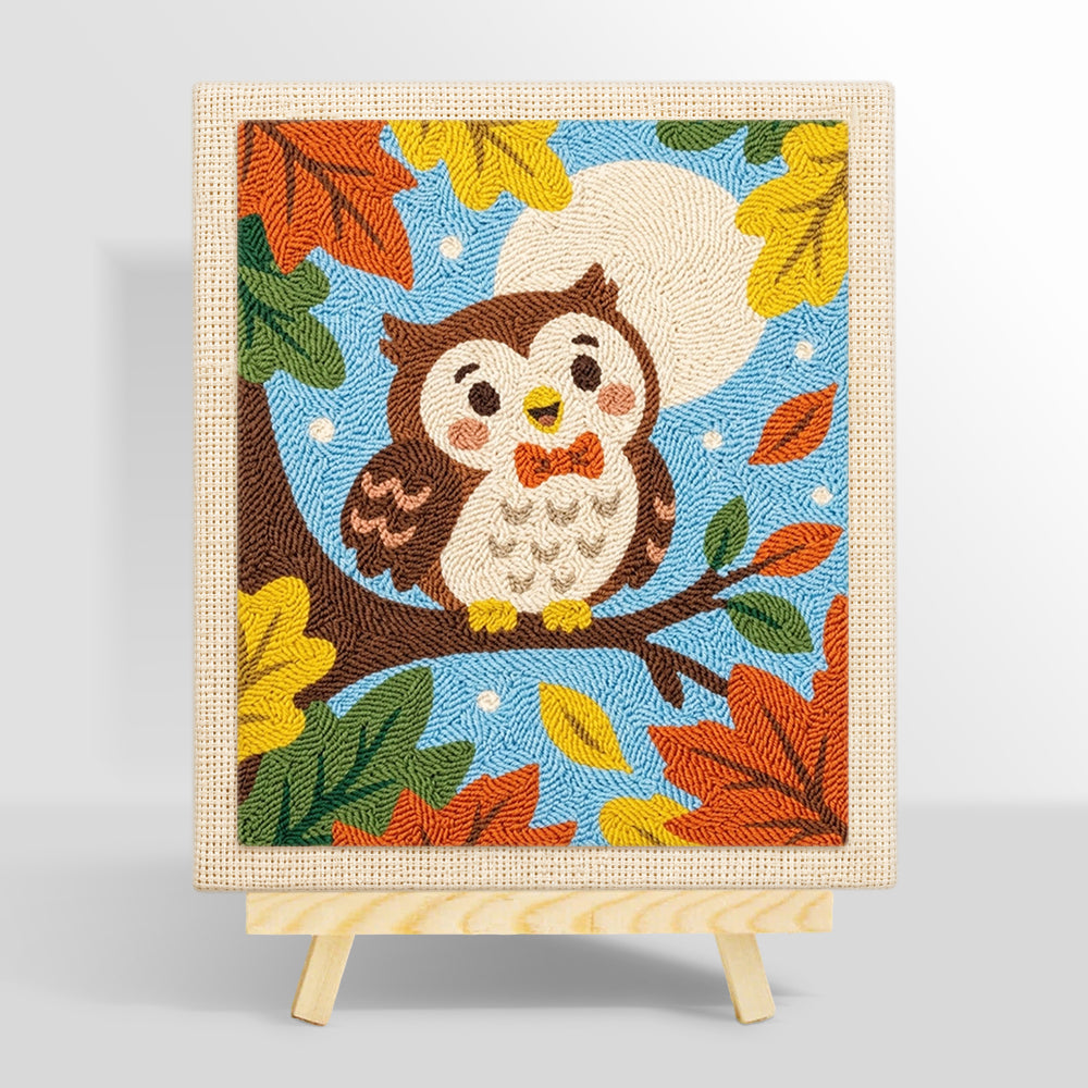 Cute autumn owl on branch punch needle kit for beginners