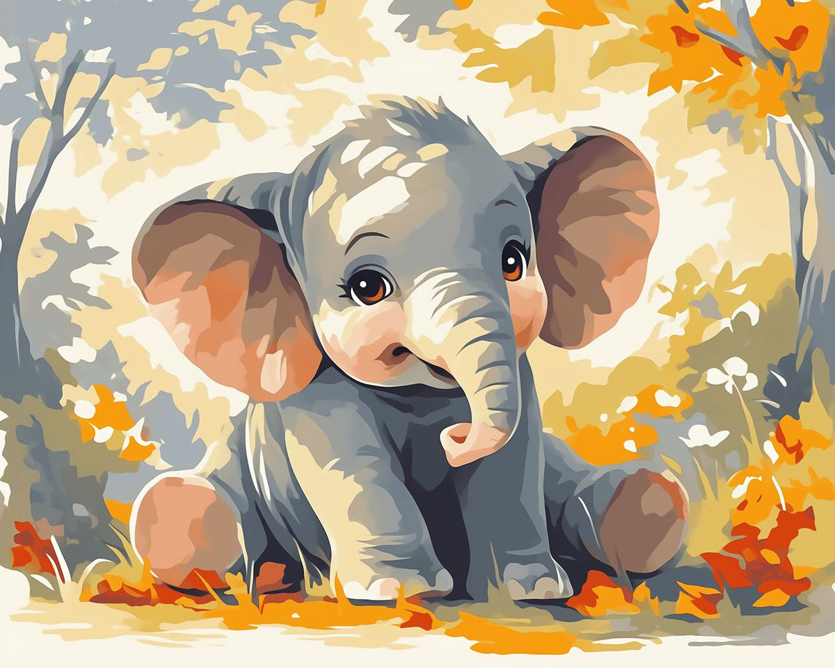 Cute baby elephant sitting in autumn leaves cross stitch kit for beginners