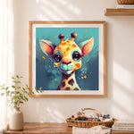 Finished cute baby giraffe portrait cross stitch artwork displayed as home decor