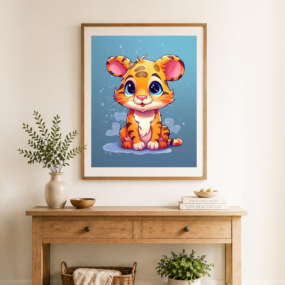 Finished cute baby tiger cross stitch artwork displayed as home decor