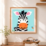 Finished cute baby zebra cross stitch artwork displayed as home decor