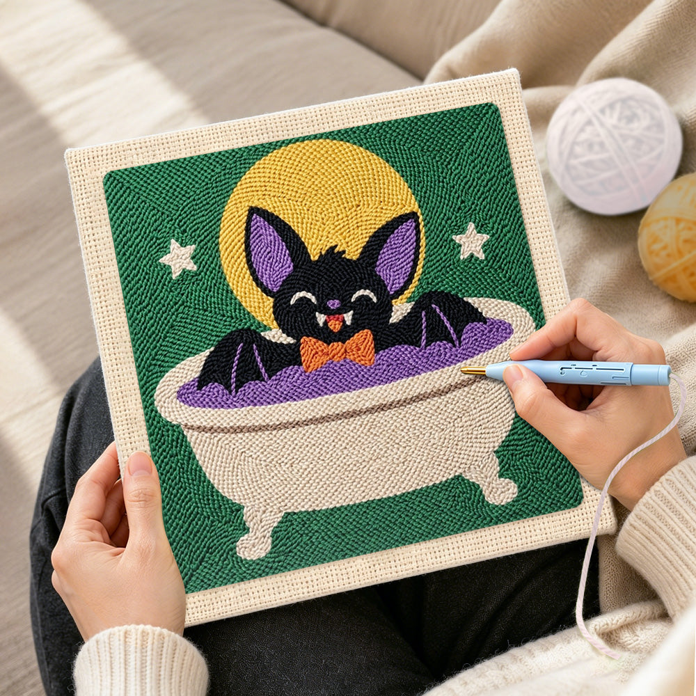 Creating handmade cute bat taking bath punch needle artwork