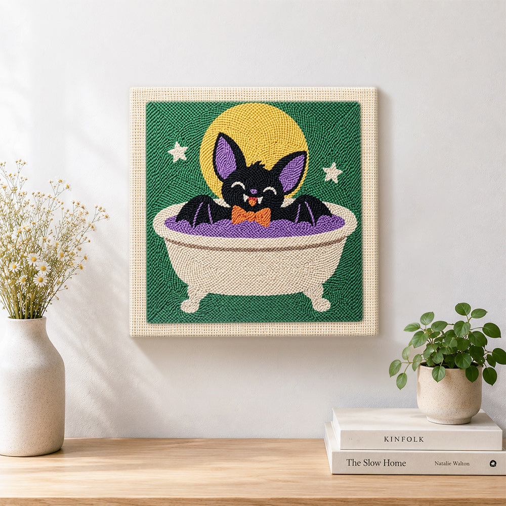 Finished cute bat taking bath artwork displayed on a wall