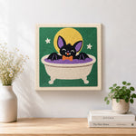 Finished cute bat taking bath artwork displayed on a wall