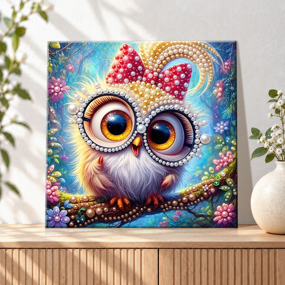 Finished cute big‑eyed owl in magic forest pearl diamond painting artwork displayed as holiday home decor