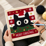 Creating handmade cute black cat christmas portrait punch needle artwork
