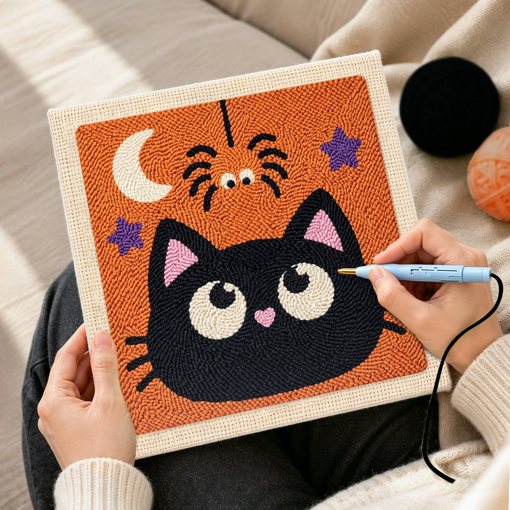 Creating handmade cute black cat punch needle artwork