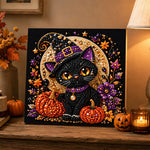 Finished cute black witch cat pearl diamond painting artwork displayed as holiday home decor