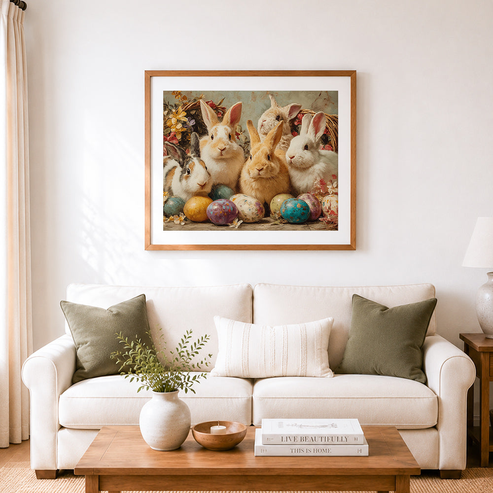 Finished cute bunnies with decorated easter eggs cross stitch artwork displayed as home decor
