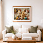 Finished cute bunnies with decorated easter eggs cross stitch artwork displayed as home decor