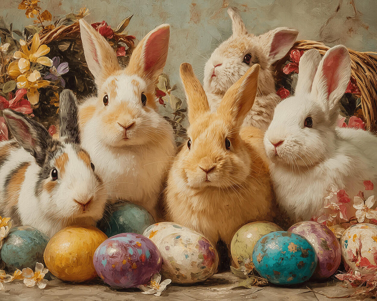 Cute bunnies with decorated easter eggs cross stitch kit for beginners