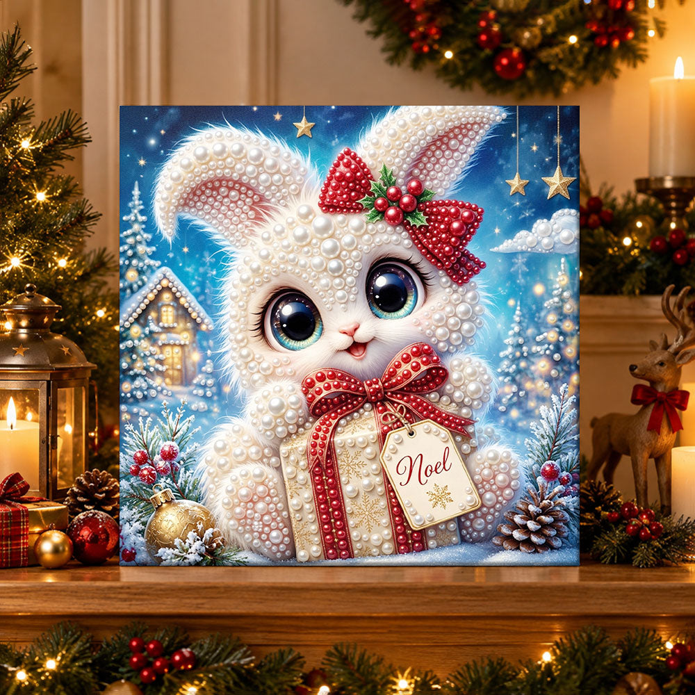 Finished cute bunny noel greeting pearl diamond painting artwork displayed as holiday home decor