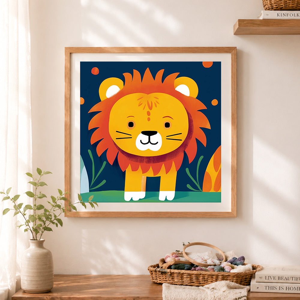 Finished cute cartoon lion cross stitch artwork displayed as home decor