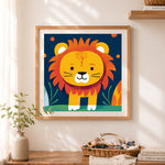 Finished cute cartoon lion cross stitch artwork displayed as home decor