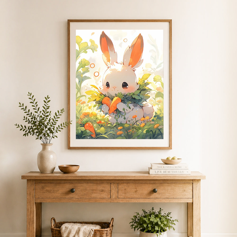 Finished cute cartoon rabbit holding carrots cross stitch artwork displayed as home decor