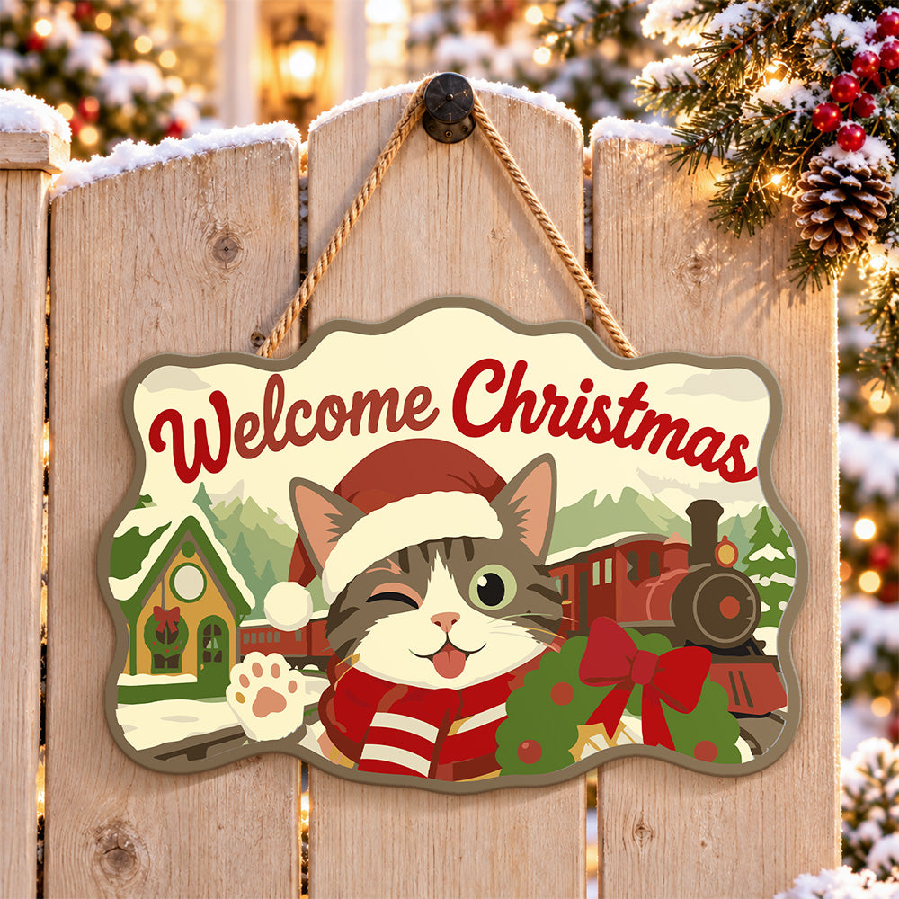 Cute cat holiday vibe paint by numbers door hanger on a garden gate