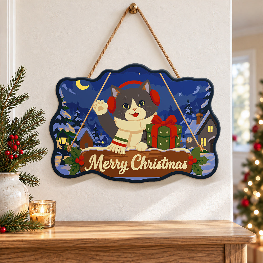 Cute cat with christmas gift paint by numbers door hanger as indoor wall decor