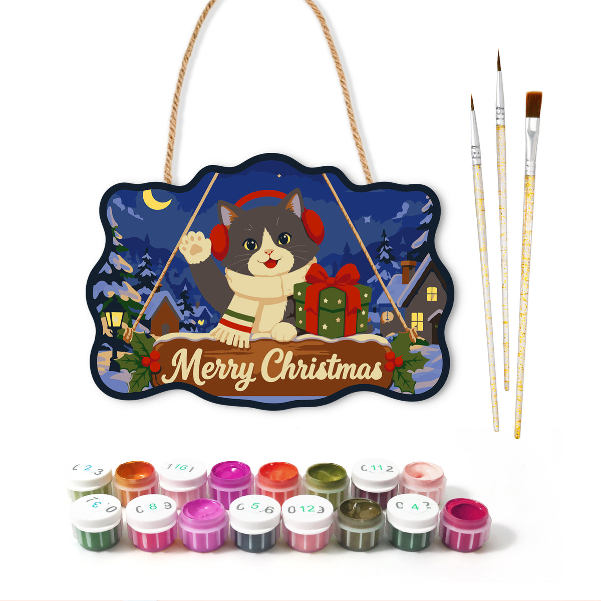 Cute cat with christmas gift paint by numbers door hanger with paints and brushes