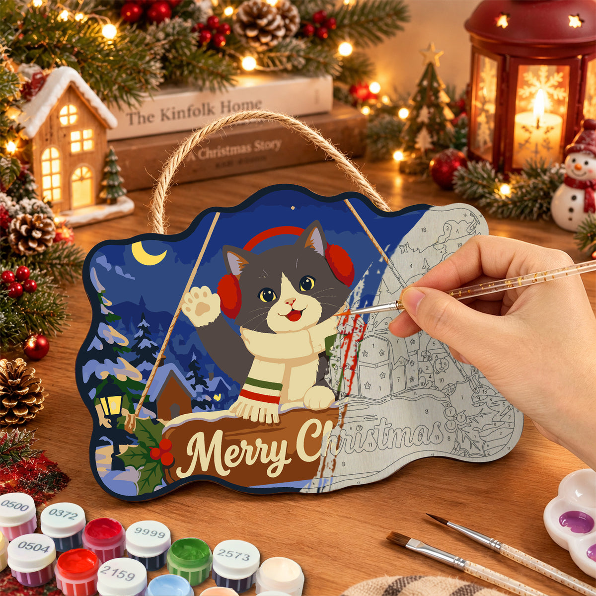Cute cat with christmas gift paint by numbers door hanger painting process