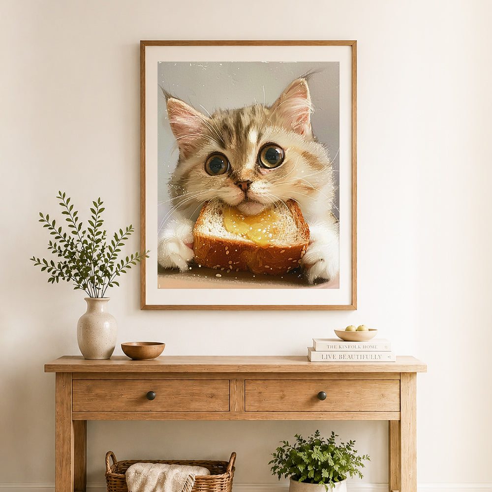 Finished cute cat with toast cross stitch artwork displayed as home decor