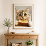 Finished cute cat with toast cross stitch artwork displayed as home decor