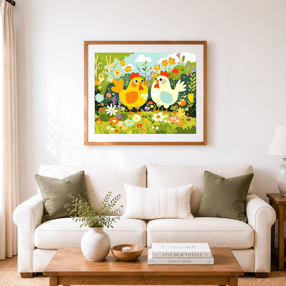 Finished cute chickens in spring garden cross stitch artwork displayed as home decor