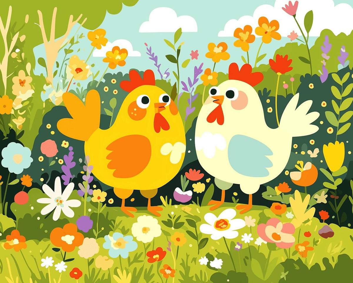 Cute chickens in spring garden cross stitch kit for beginners