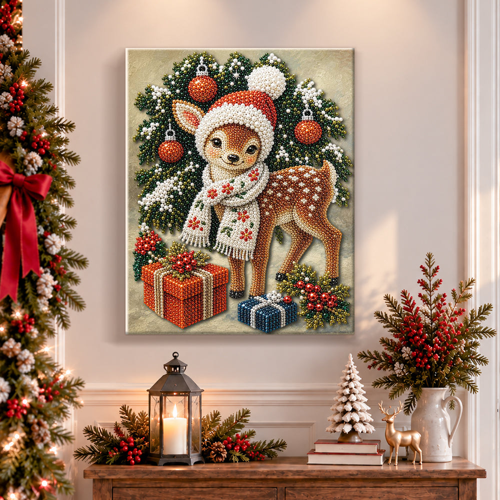 Finished cute christmas fawn with scarf pearl diamond painting artwork displayed as holiday home decor