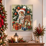 Finished cute christmas fawn with scarf pearl diamond painting artwork displayed as holiday home decor