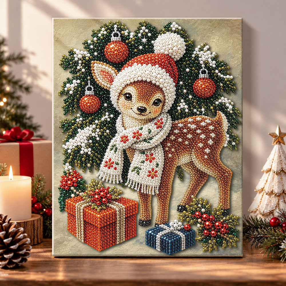 Cute christmas fawn with scarf pearl diamond painting kit for beginners