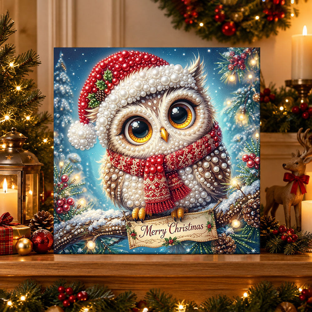 Finished cute christmas owl pearl diamond painting artwork displayed as holiday home decor