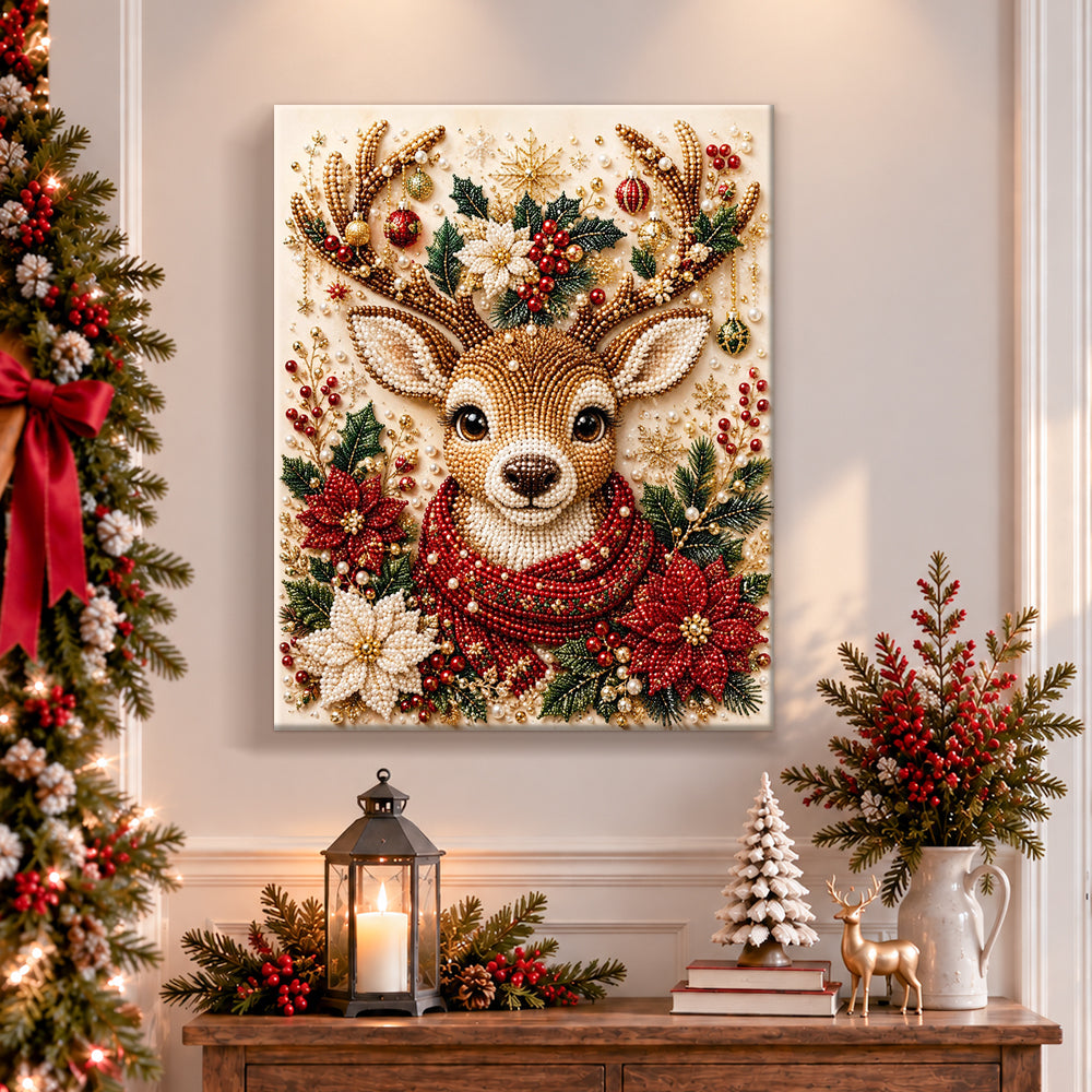 Finished cute christmas reindeer pearl diamond painting artwork displayed as holiday home decor