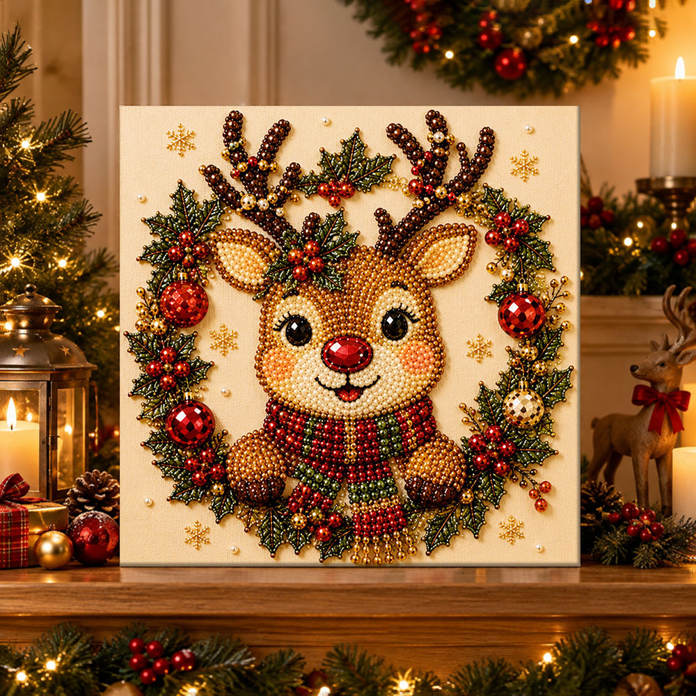 Finished cute christmas reindeer wreath pearl diamond painting artwork displayed as holiday home decor