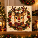 Finished cute christmas reindeer wreath pearl diamond painting artwork displayed as holiday home decor