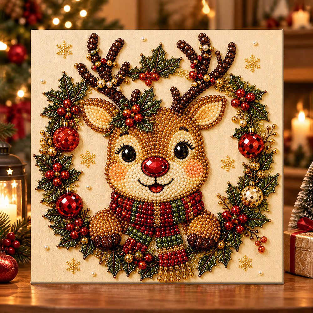 Cute christmas reindeer wreath pearl diamond painting kit for beginners