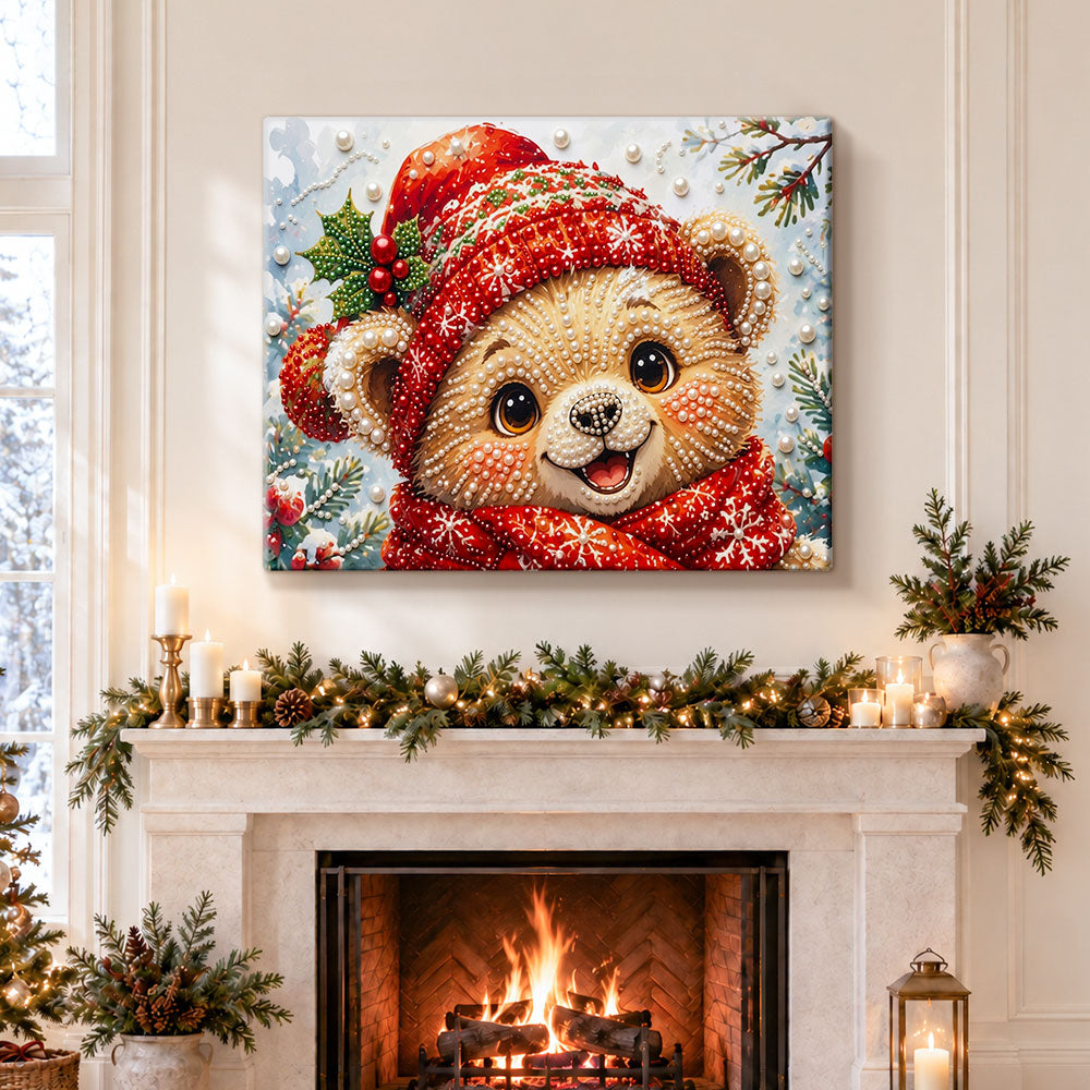 Finished cute christmas teddy bear pearl diamond painting artwork displayed as holiday home decor